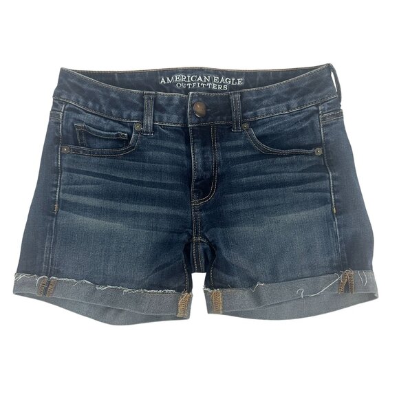 American Eagle Outfitters Super Stretch Midi Denim Shorts Size 2 Dark Wash - Picture 1 of 7